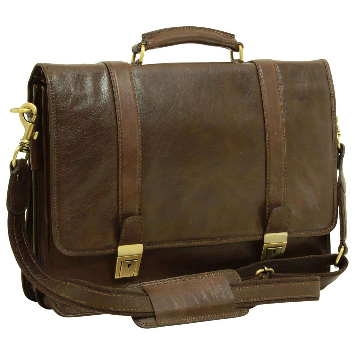 Soft Calfskin Leather Briefcase with shoulder strap - Dark Brown-0